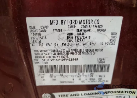 2009 Ford F150 Supercrew z USA, uszkodzony, nr VIN 1FTPW14V19FA92545